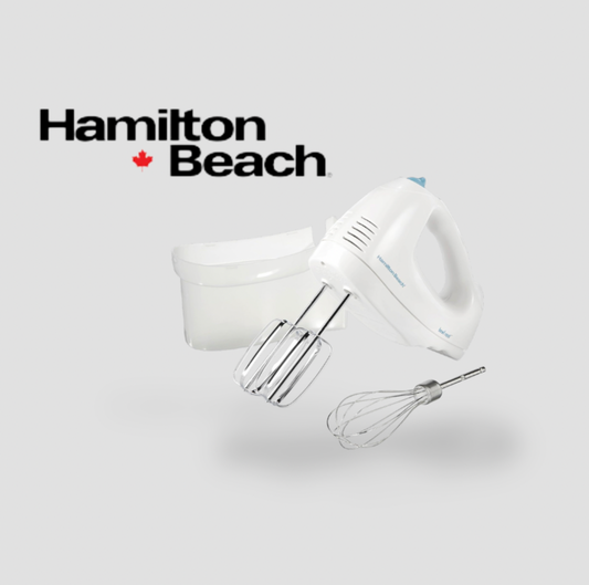 Hamilton Beach white hand mixer with beaters, whisk and snap-on storage case on light background