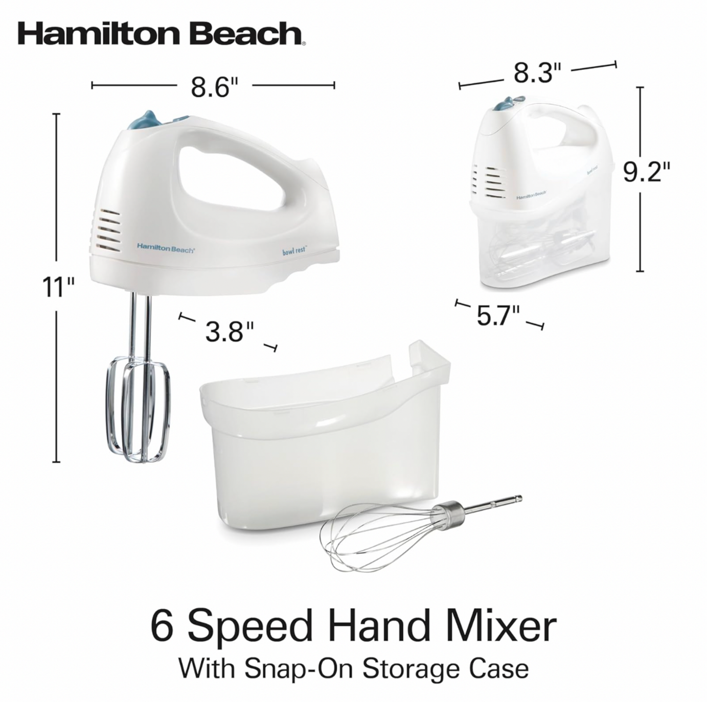 Schéma des spécifications du batteur à main blanc Hamilton Beach avec vues de côté et trois-quarts et étui de rangement