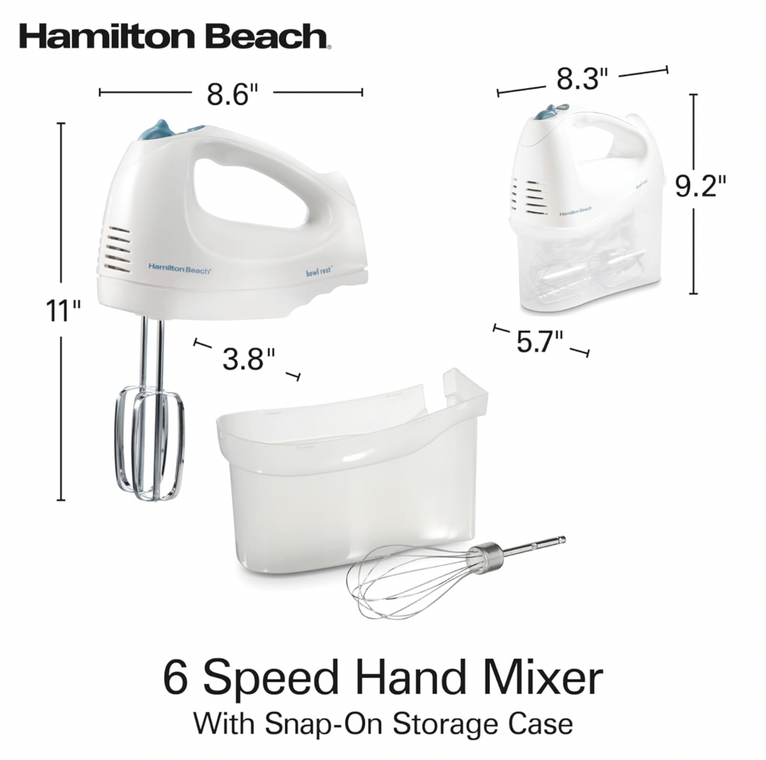 Schéma des spécifications du batteur à main blanc Hamilton Beach avec vues de côté et trois-quarts et étui de rangement