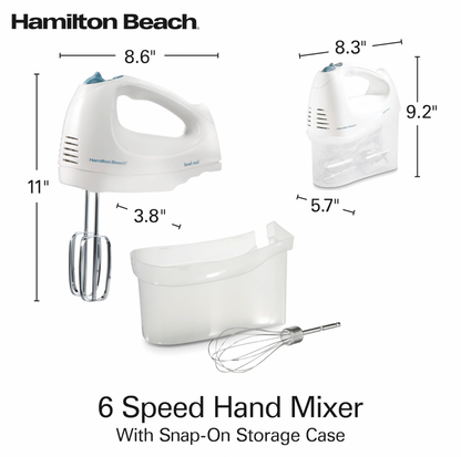 Schéma des spécifications du batteur à main blanc Hamilton Beach avec vues de côté et trois-quarts et étui de rangement