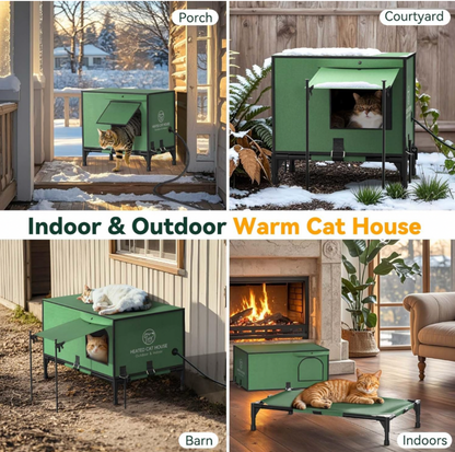 Collage quatre panneaux de la maison chauffée verte pour chat sur véranda, cour, grange et intérieur avec mention Indoor and Outdoor Warm Cat House