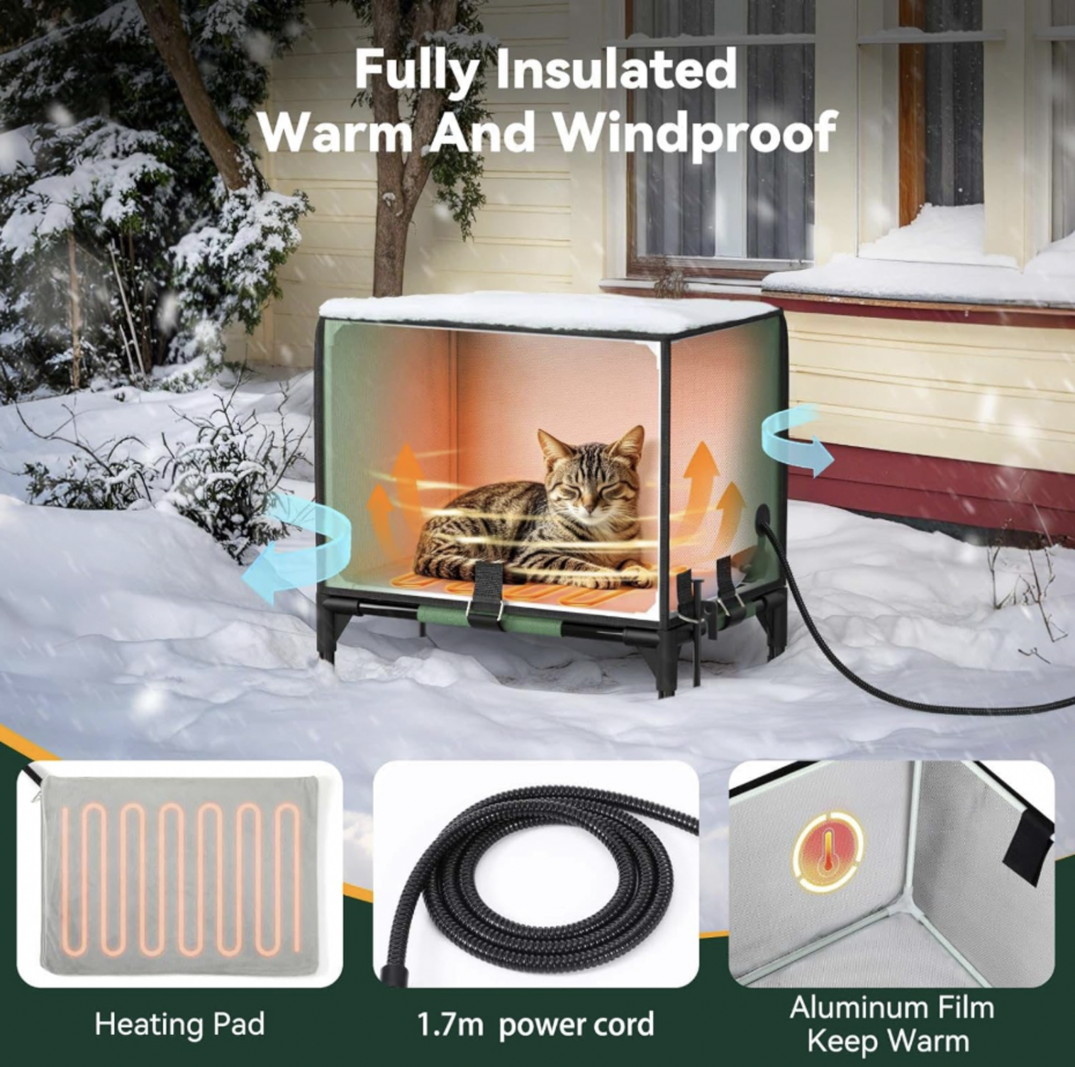 Chat tigré reposant dans la maison chauffée pour chat verte sous la neige avec flèches de circulation d'air, tapis chauffant, cordon d'alimentation de 1,7 m et encarts de film d'aluminium, mention Fully Insulated