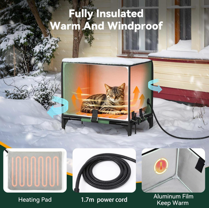 Chat tigré reposant dans la maison chauffée pour chat verte sous la neige avec flèches de circulation d'air, tapis chauffant, cordon d'alimentation de 1,7 m et encarts de film d'aluminium, mention Fully Insulated