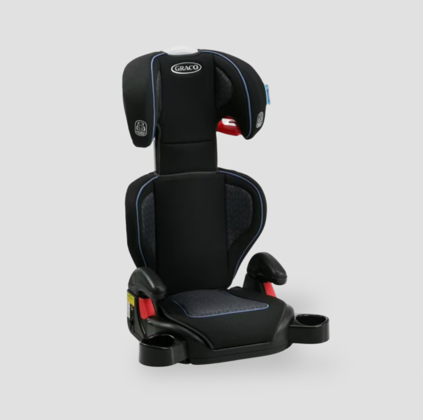 Side angle of black highback booster car seat with armrest, cup holder and blue piping detail