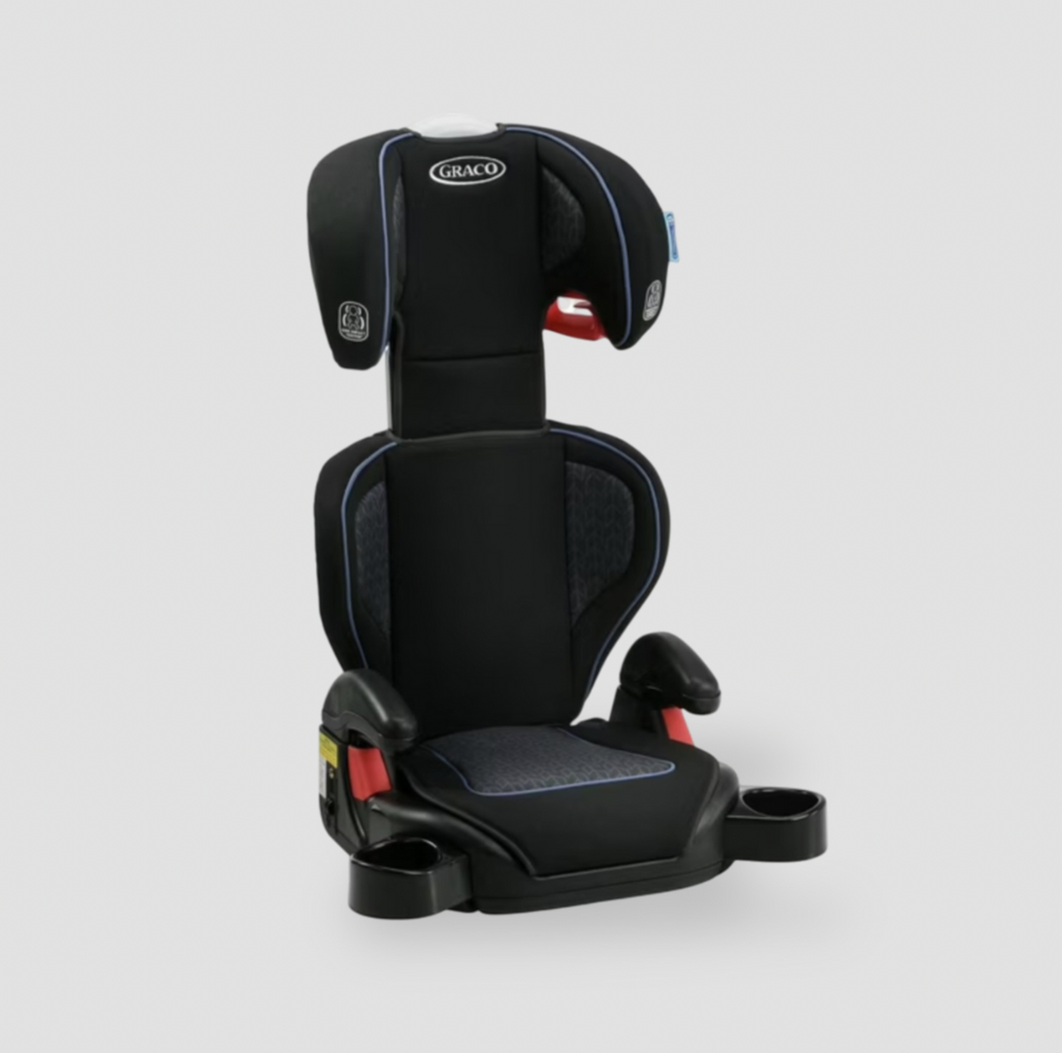 Side angle of black highback booster car seat with armrest, cup holder and blue piping detail