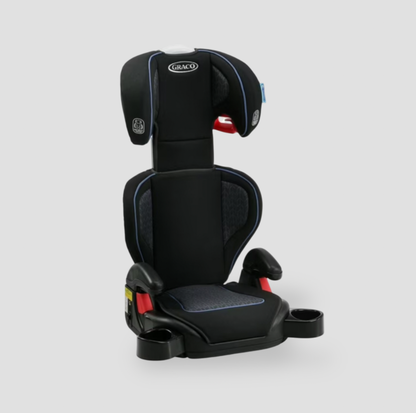 Side angle of black highback booster car seat with armrest, cup holder and blue piping detail