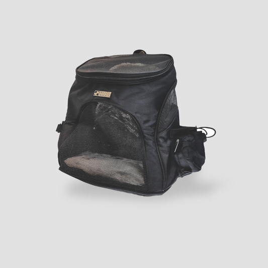 Black mesh pet backpack carrier with side bottle pouch and zip opening, three-quarter view