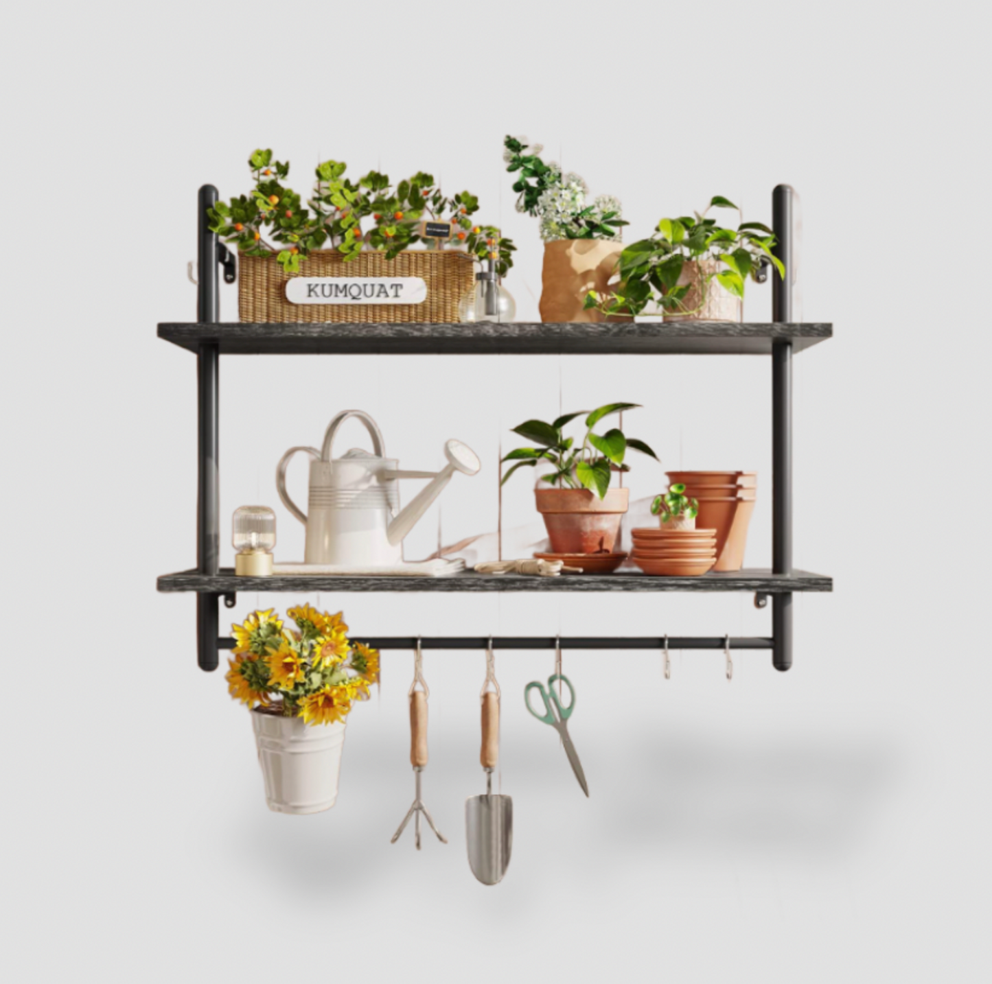 Étagère flottante industrielle noire avec outils de jardinage et plantes en pot sur fond blanc, vue de face