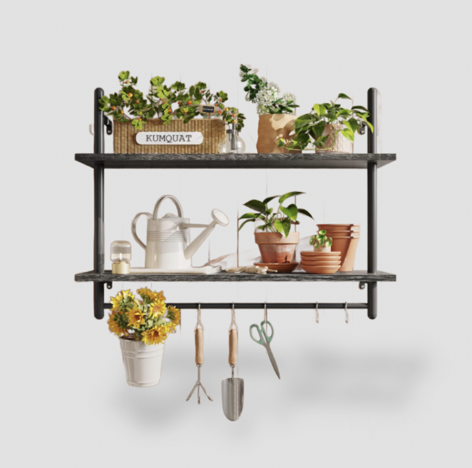 Étagère flottante industrielle noire avec outils de jardinage et plantes en pot sur fond blanc, vue de face