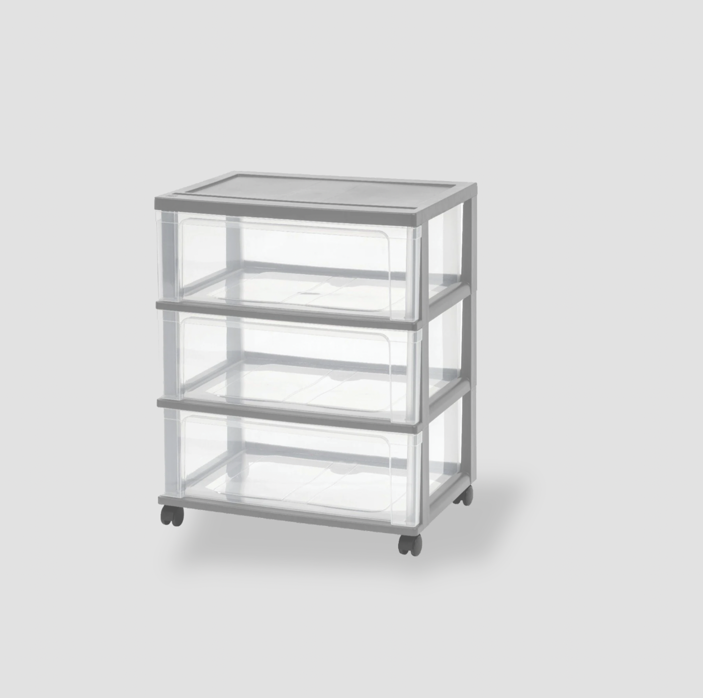 Chariot de rangement IRIS à 3 tiroirs en plastique transparent avec cadre gris et quatre roulettes, vue trois-quarts