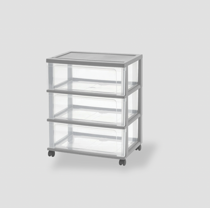 Chariot de rangement IRIS à 3 tiroirs en plastique transparent avec cadre gris et quatre roulettes, vue trois-quarts