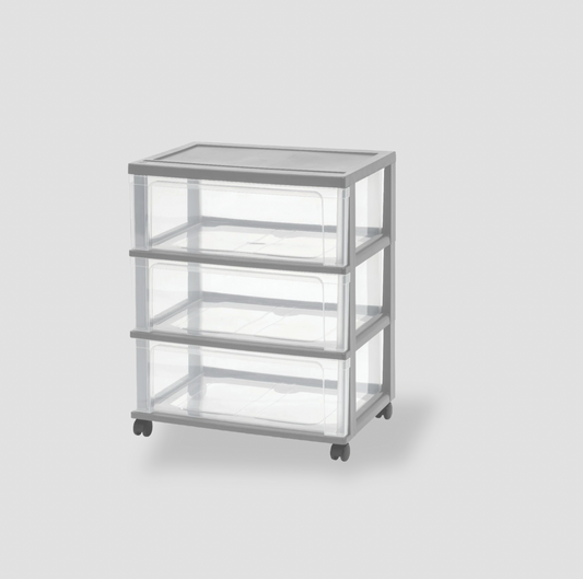 IRIS 3-drawer clear plastic storage cart with grey frame and four wheels, three-quarter view