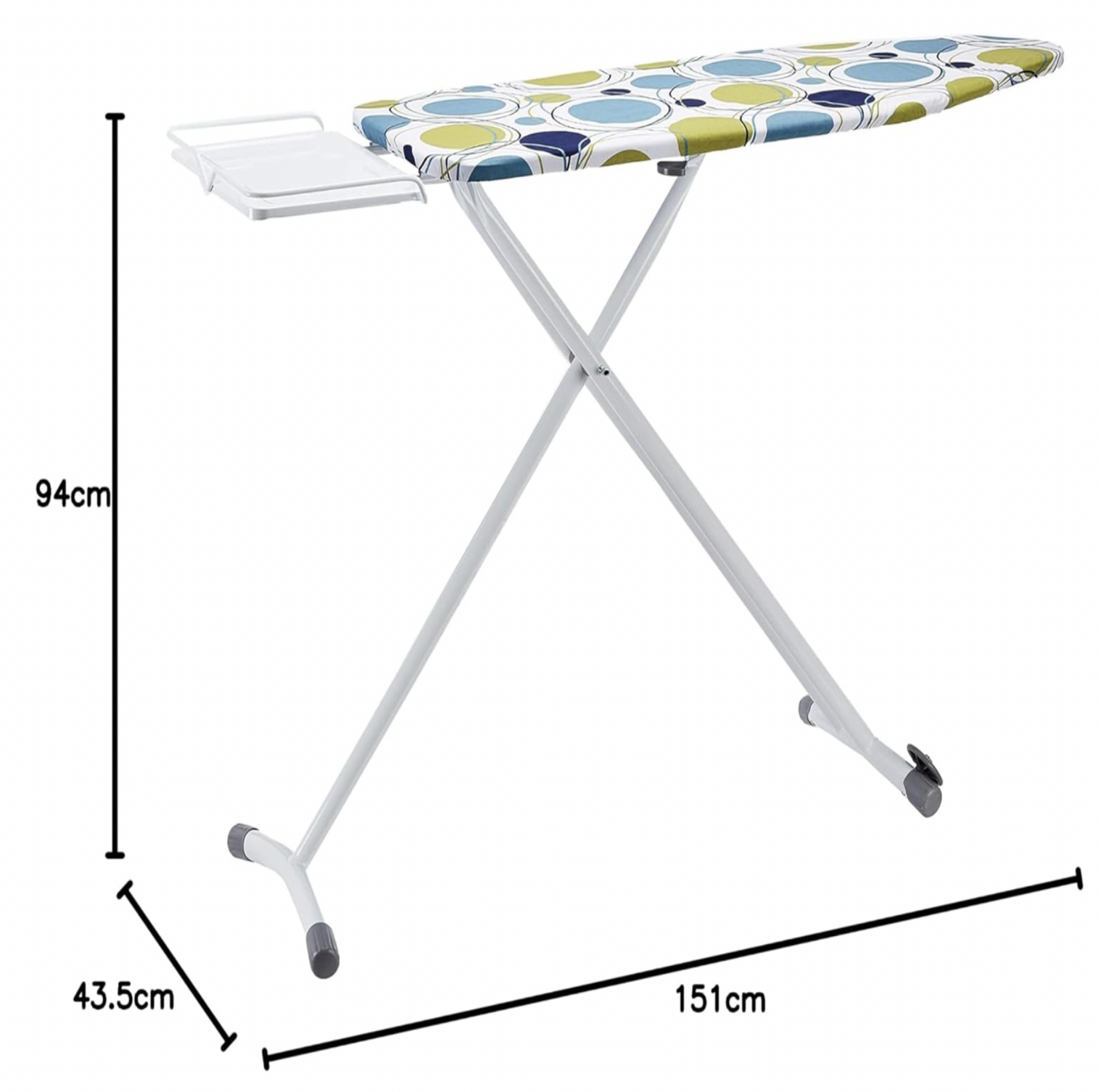 Ironing board with circles print cover showing dimensions 151 by 43.5 by 94 cm callouts