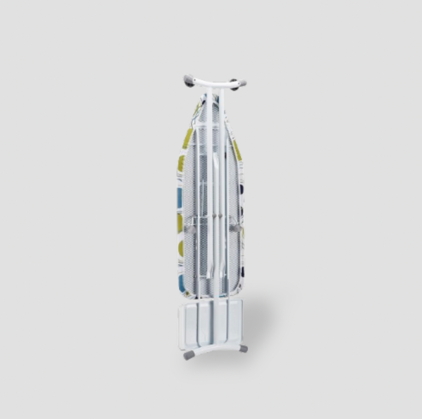 Ironing board folded upright on its stand showing perforated metal underside