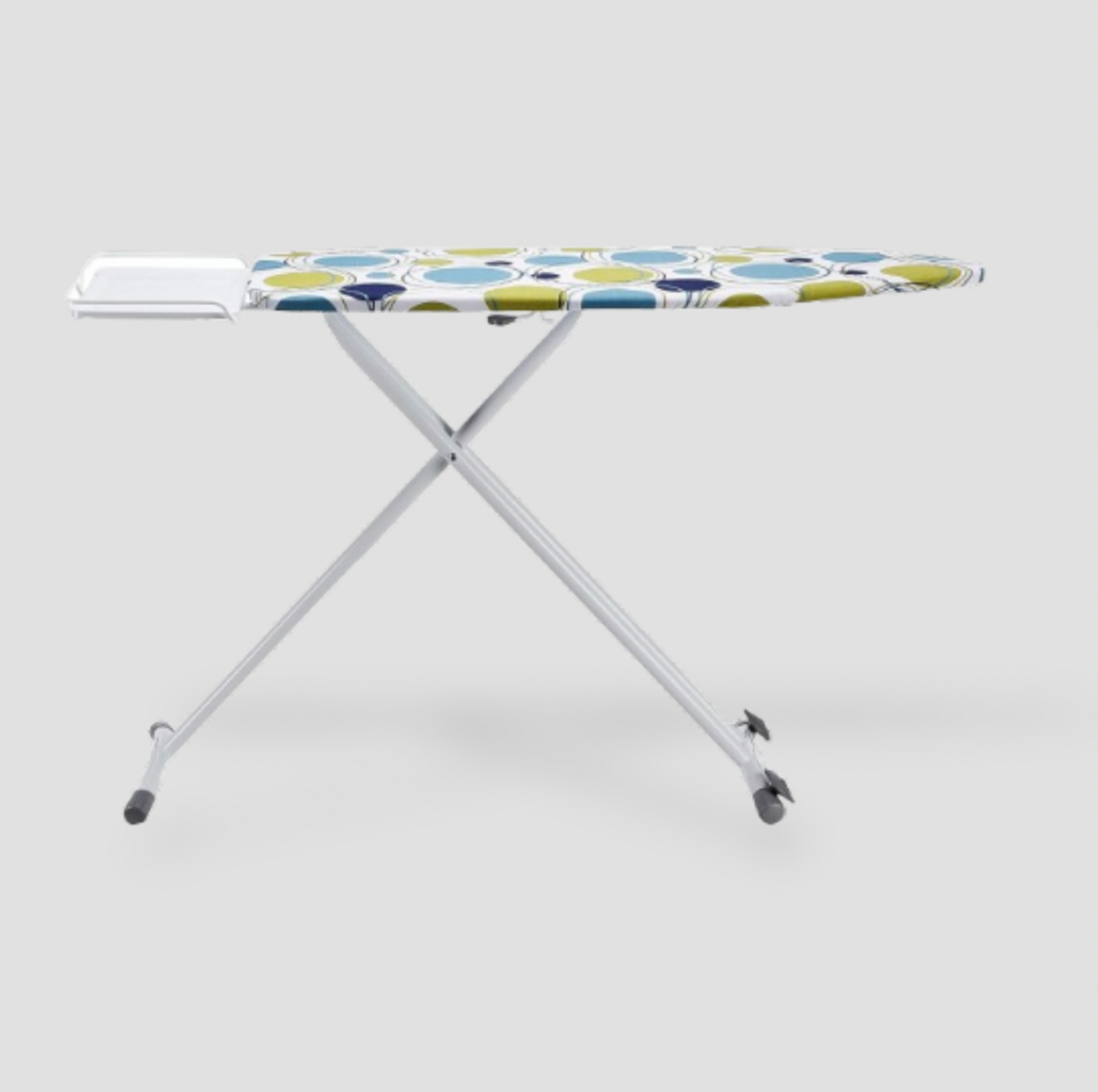 Side view of ironing board with X-frame legs and rolling rear caster wheels