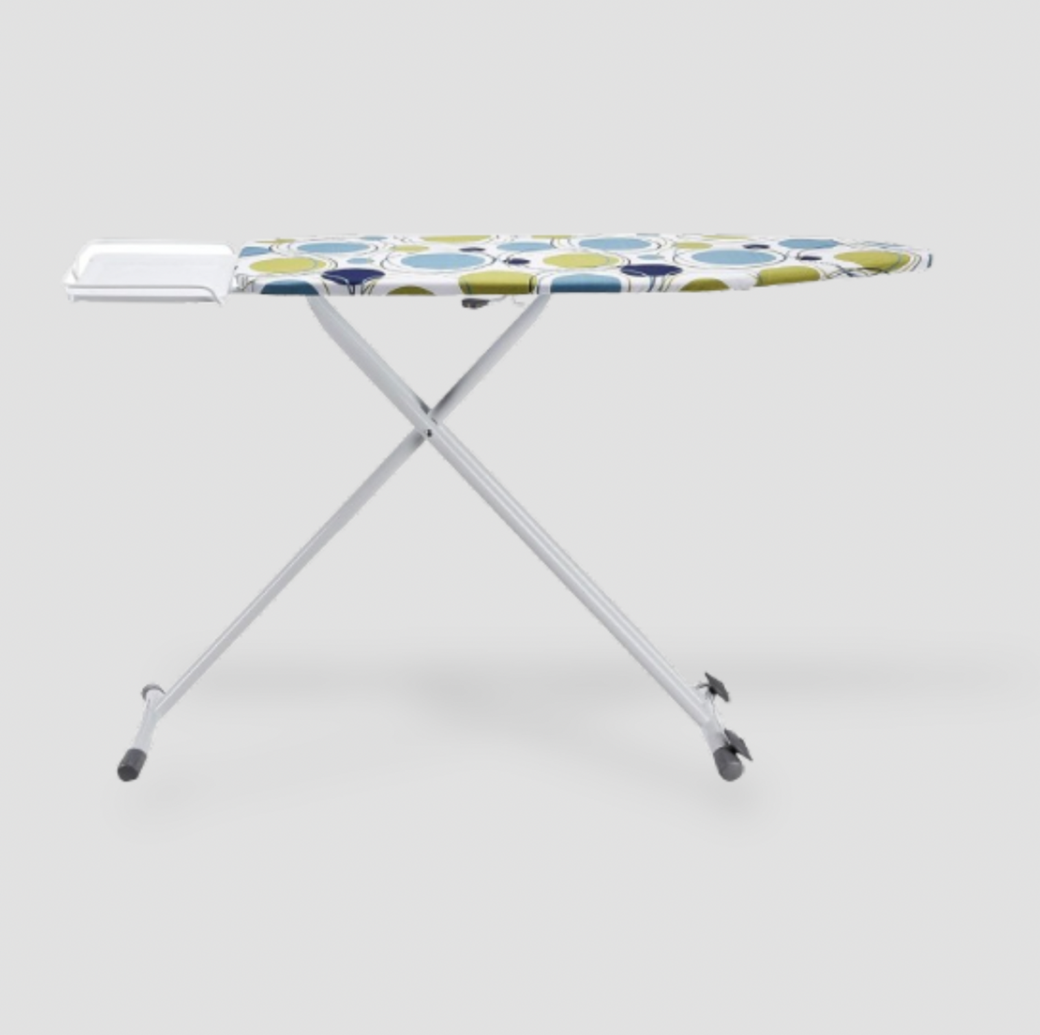 Side view of ironing board with X-frame legs and rolling rear caster wheels