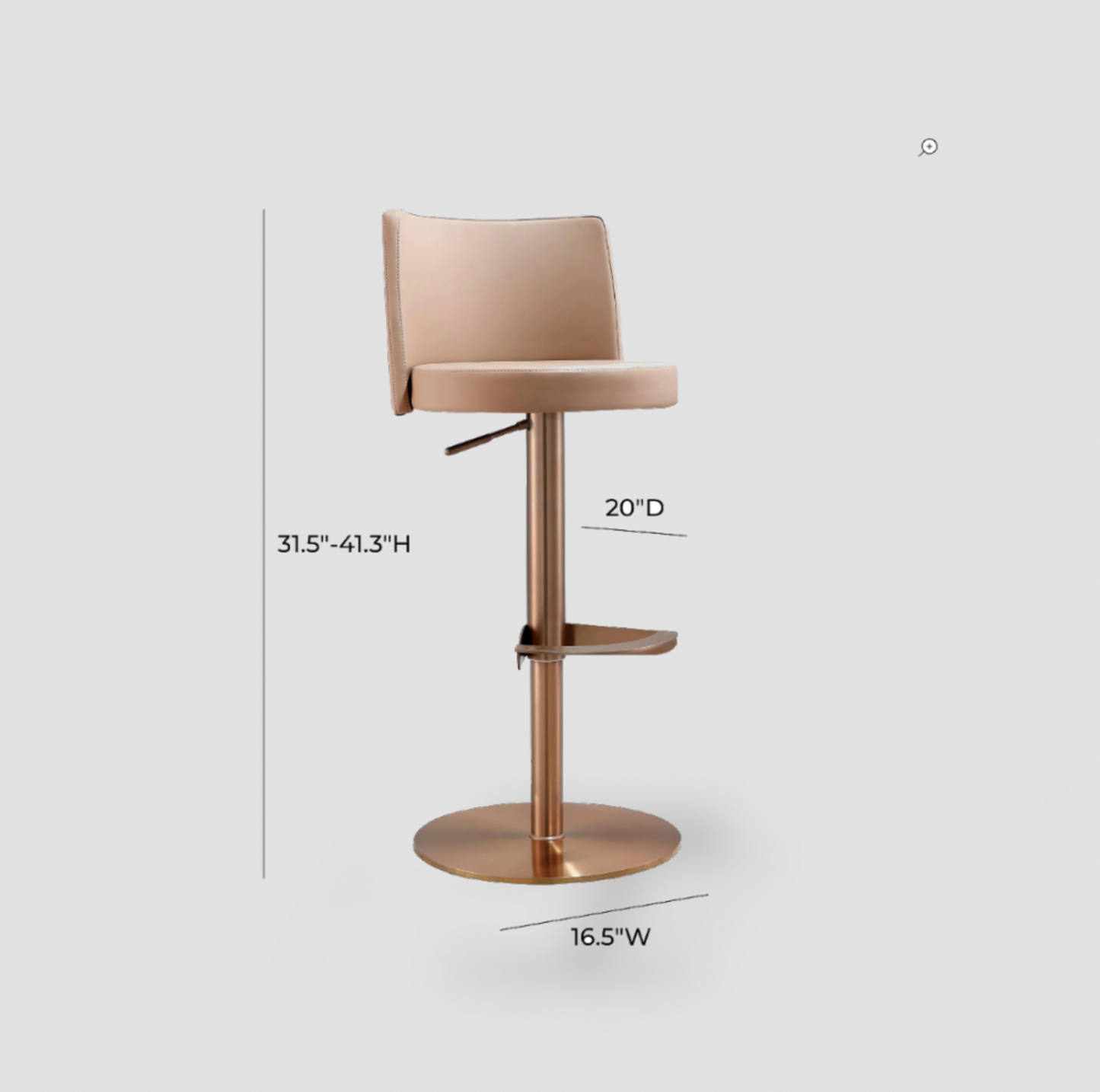Tabouret de bar en simili-cuir beige avec piédestal or rose et dimensions 31,5 à 41,3 H x 16,5 L x 20 P pouces