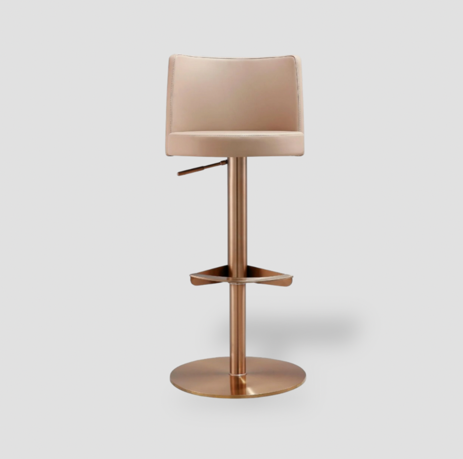 Tabouret de bar Loosha Cafe Au Lait en simili-cuir avec piédestal en métal or rose et base ronde, vue de face
