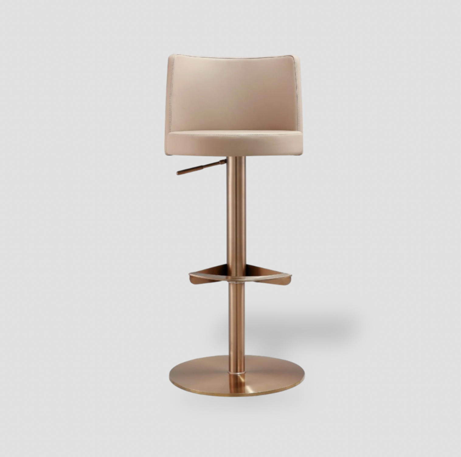 Tabouret de bar Loosha Cafe Au Lait en simili-cuir avec piédestal en métal or rose et base ronde, vue de face