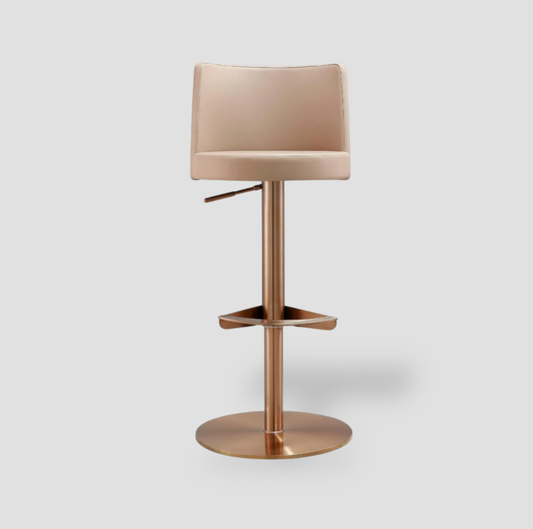 Loosha Cafe Au Lait vegan leather bar stool with rose gold metal pedestal and round base, front view