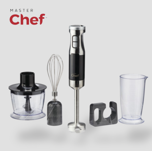 MASTER Chef black stainless steel hand blender with whisk attachment, chopper bowl, blade guard and measuring beaker