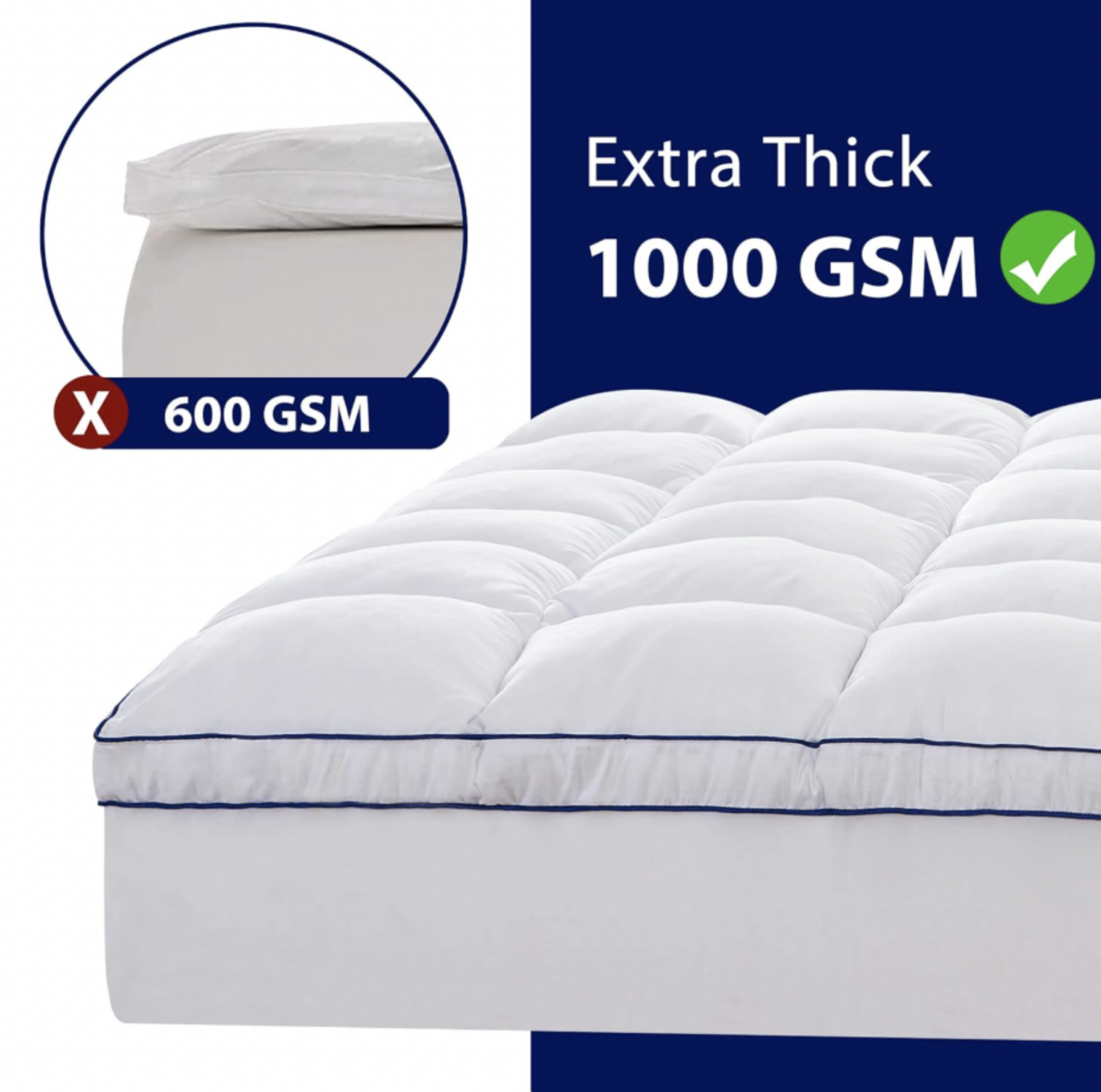 Coin du surmatelas blanc avec mentions comparatives Extra Thick 1000 GSM avec icône de coche et 600 GSM avec icône de croix