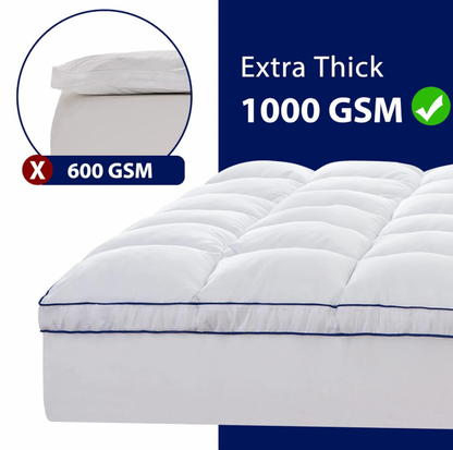 Coin du surmatelas blanc avec mentions comparatives Extra Thick 1000 GSM avec icône de coche et 600 GSM avec icône de croix
