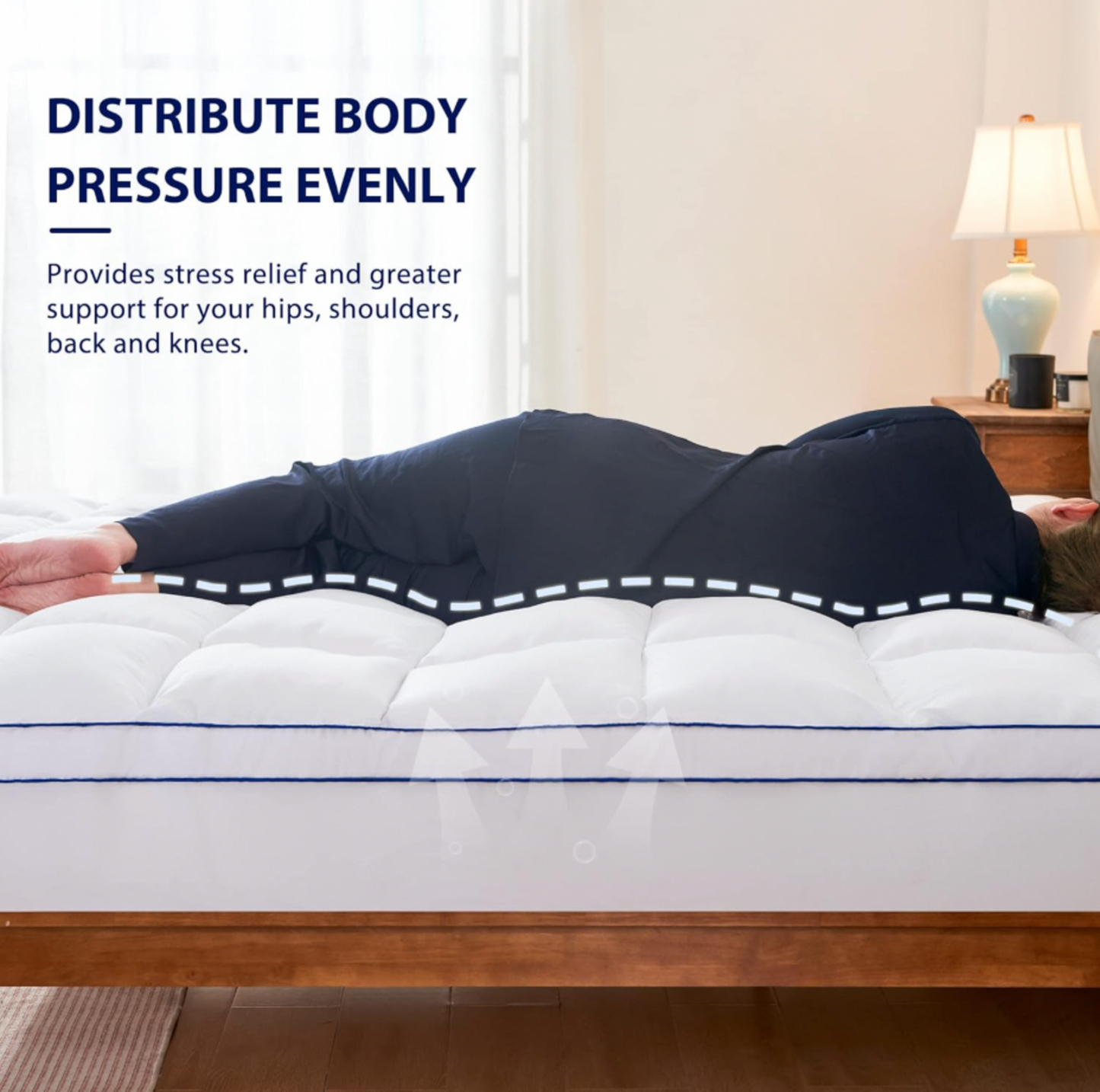 Personne couchée de côté sur le surmatelas matelassé blanc avec illustration des points de pression du corps, mention Distribute body pressure evenly