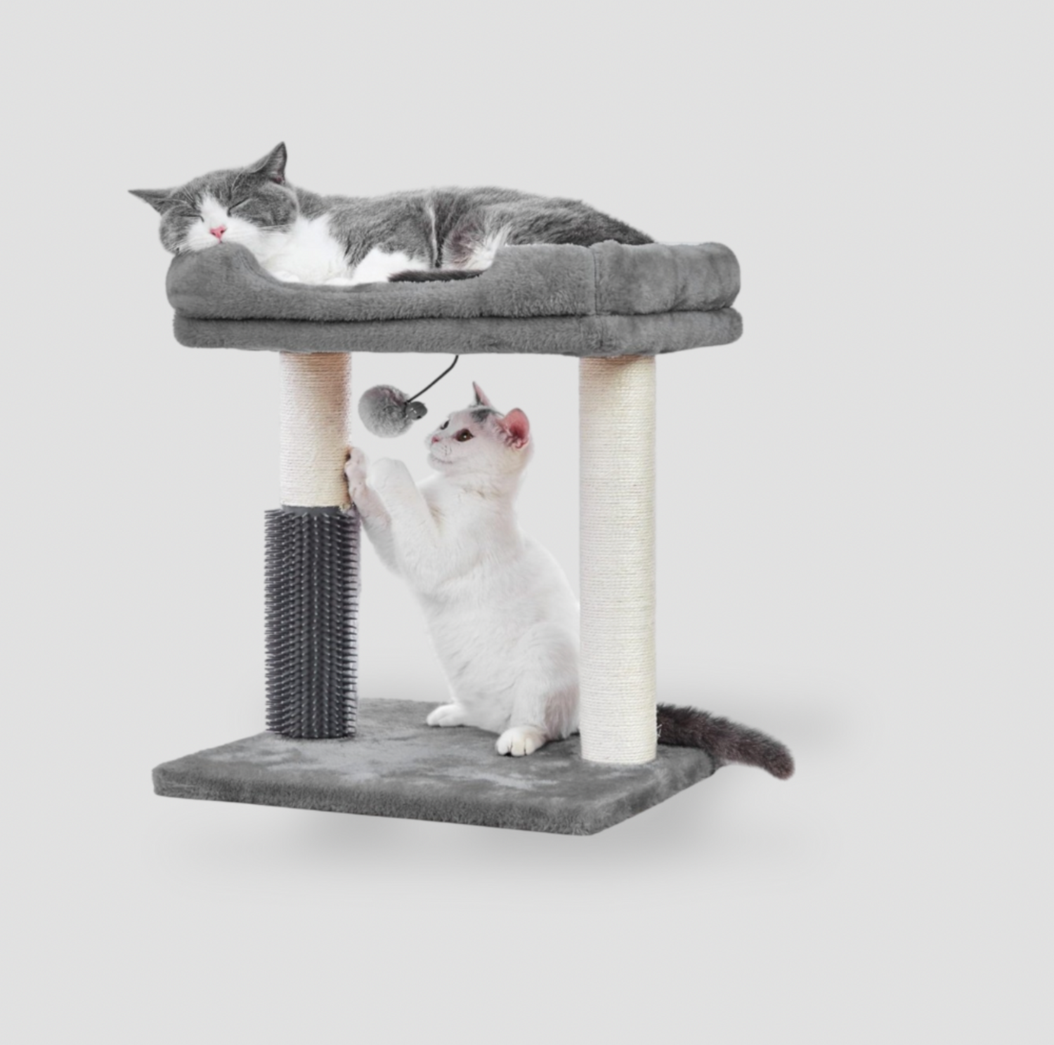 Arbre à chat gris en peluche avec poteau à griffer en sisal, brosse d'auto-toilettage et pompon suspendu, avec deux chats reposant et jouant, vue trois-quarts
