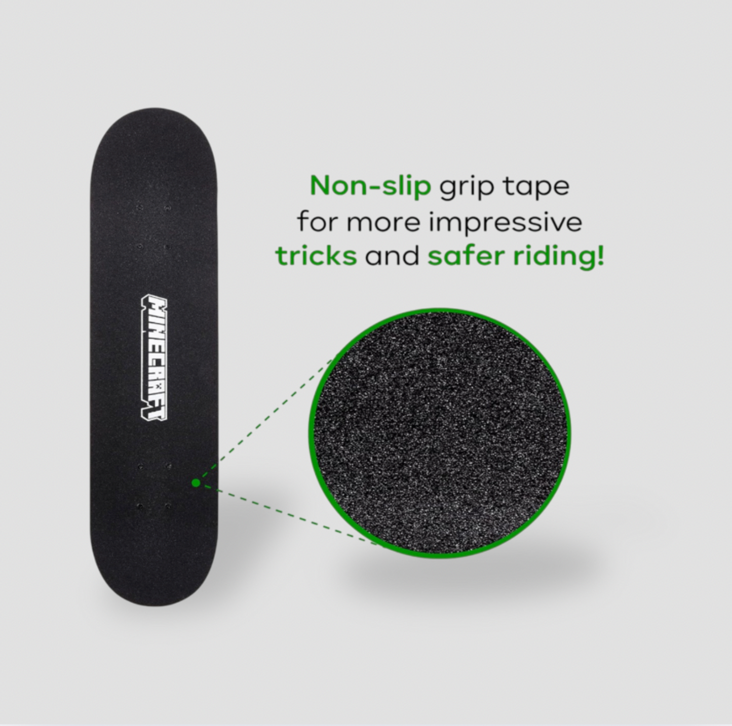 Dessus de la planche à roulettes Minecraft avec grip noir et encart agrandi de la surface texturée, mention Non-slip grip tape