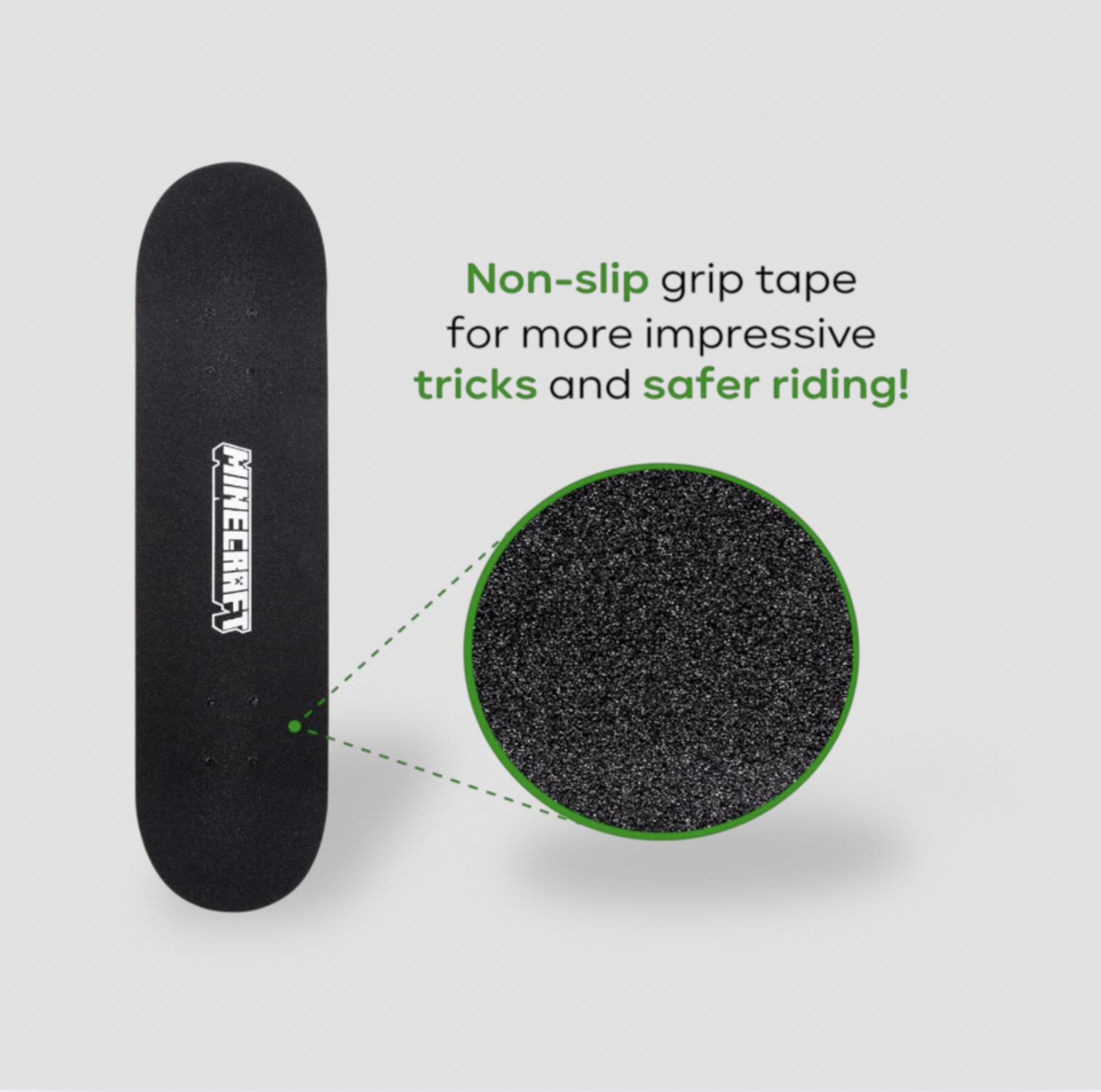 Dessus de la planche à roulettes Minecraft avec grip noir et encart agrandi de la surface texturée, mention Non-slip grip tape