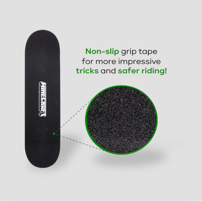 Dessus de la planche à roulettes Minecraft avec grip noir et encart agrandi de la surface texturée, mention Non-slip grip tape
