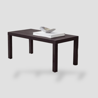 Table basse rectangulaire en bois espresso avec magazine et bol blanc, vue produit trois-quarts