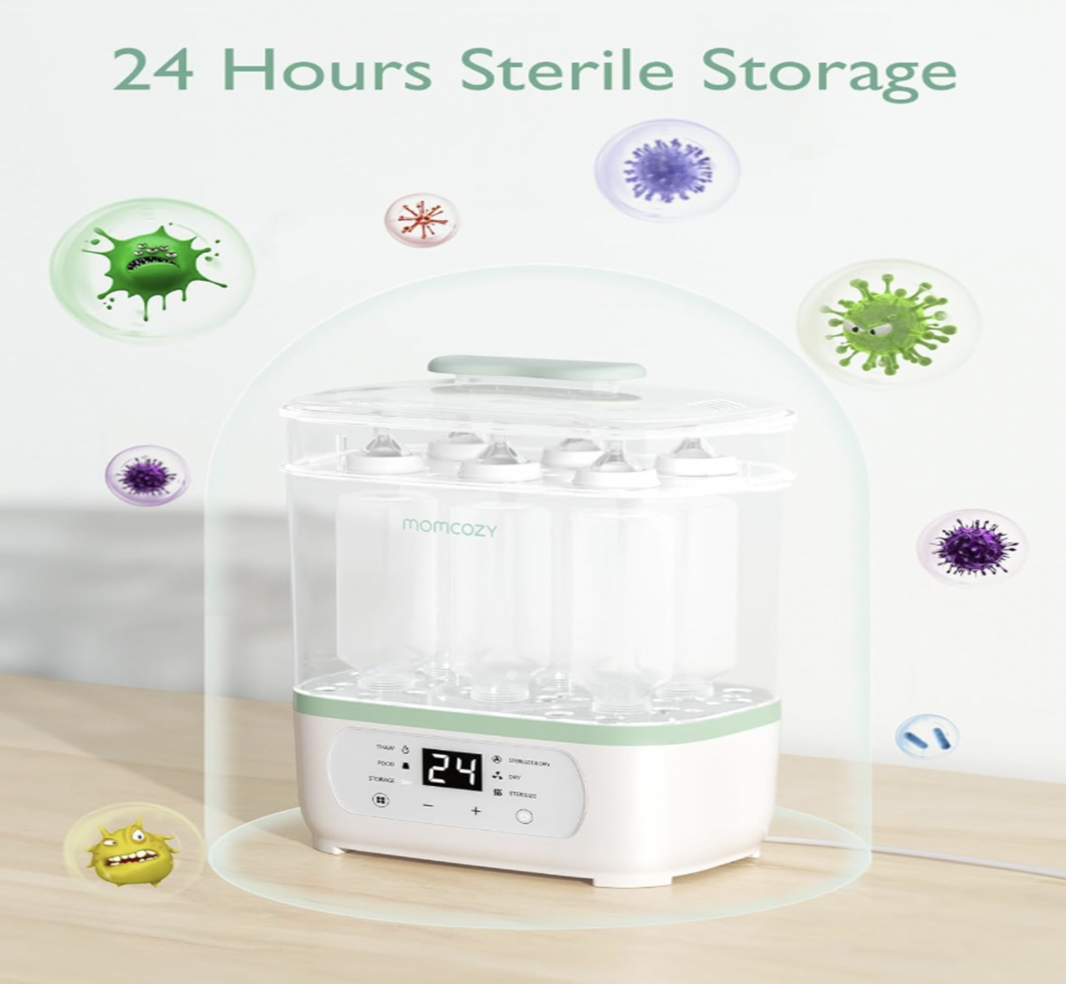 Stérilisateur Momcozy sous dôme de protection avec minuterie de 24 heures et illustrations de germes, mention 24 Hours Sterile Storage