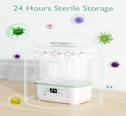 Stérilisateur Momcozy sous dôme de protection avec minuterie de 24 heures et illustrations de germes, mention 24 Hours Sterile Storage
