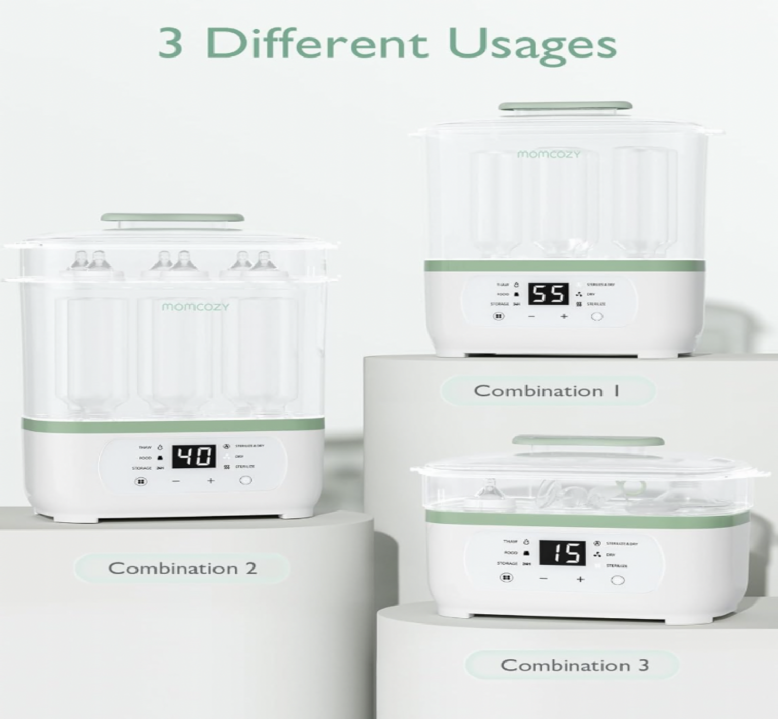 Stérilisateur Momcozy montré en trois configurations avec réglages de 55, 40 et 15 minutes, mention 3 Different Usages