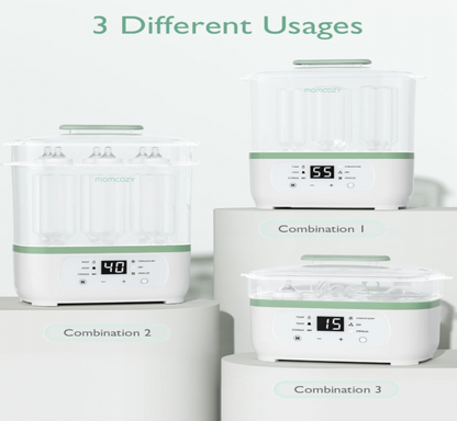 Stérilisateur Momcozy montré en trois configurations avec réglages de 55, 40 et 15 minutes, mention 3 Different Usages