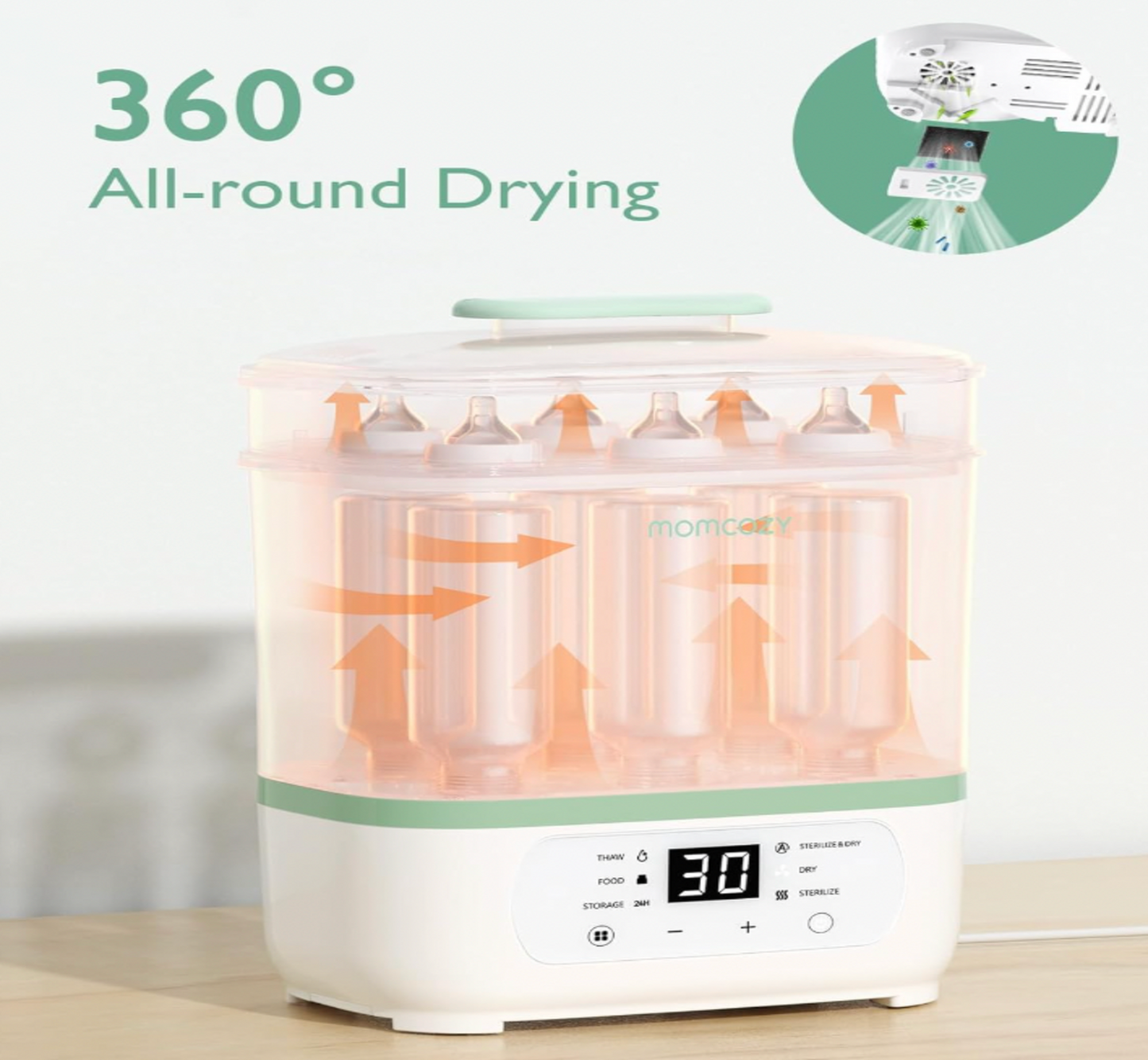 Stérilisateur Momcozy avec flèches de circulation d'air orange autour des biberons et minuterie de 30 minutes, mention 360 All-round Drying