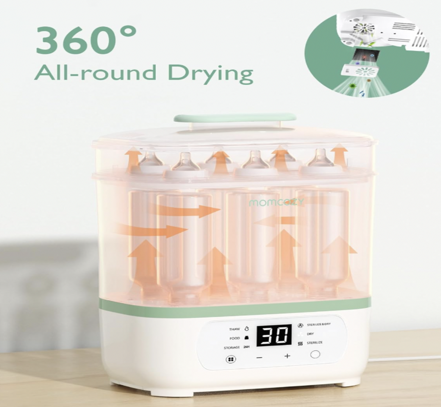 Stérilisateur Momcozy avec flèches de circulation d'air orange autour des biberons et minuterie de 30 minutes, mention 360 All-round Drying