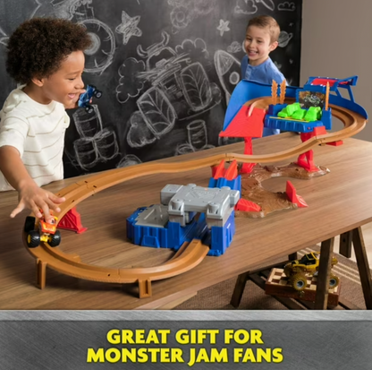 Two boys playing with Monster Jam Speedway track on table, Great gift for Monster Jam fans callout