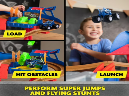 Three-panel feature collage of Monster Jam Speedway showing load, hit obstacles and launch action with Perform super jumps and flying stunts callout