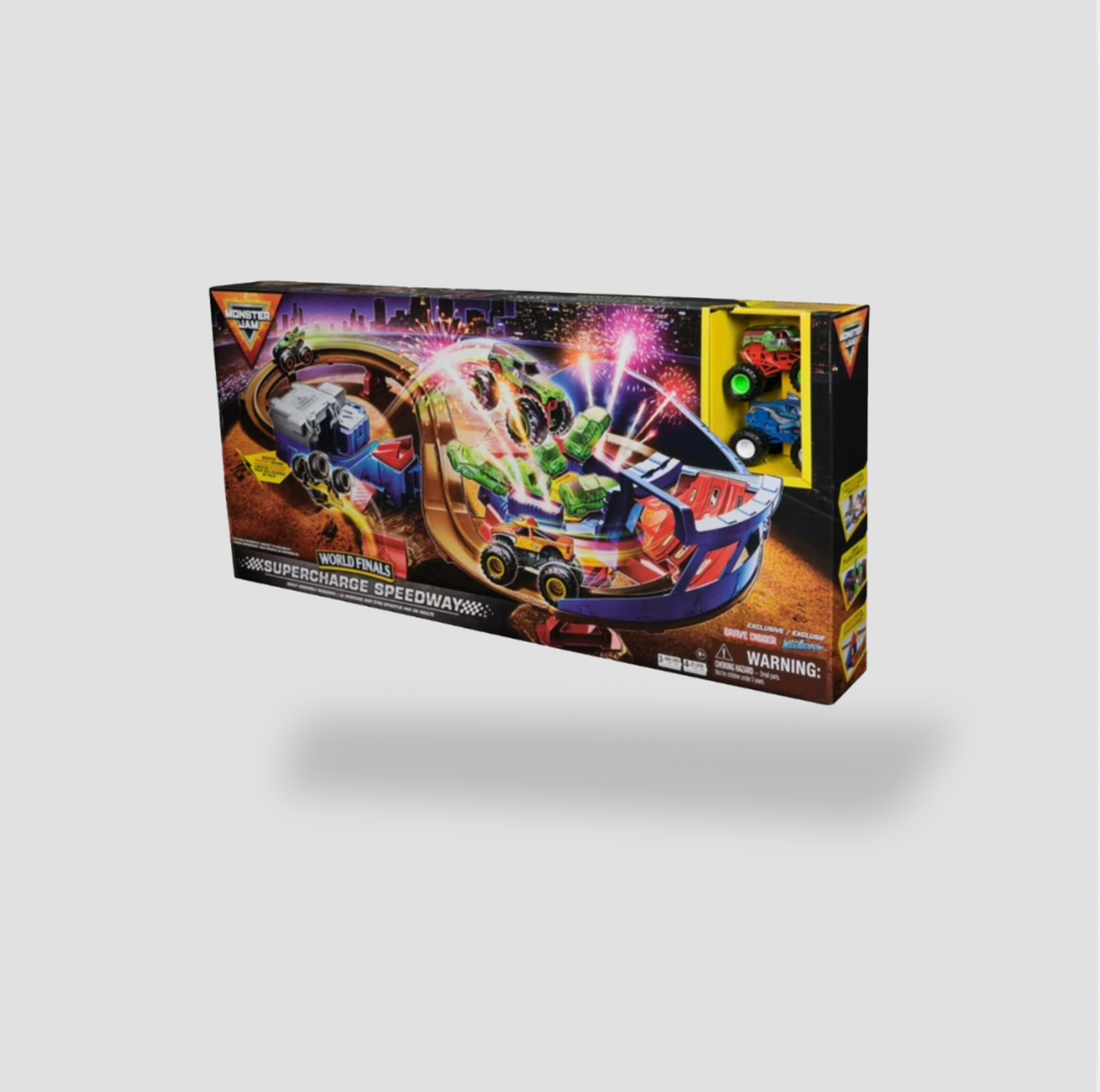 Front of Monster Jam World Finals Supercharge Speedway playset retail box with truck graphics