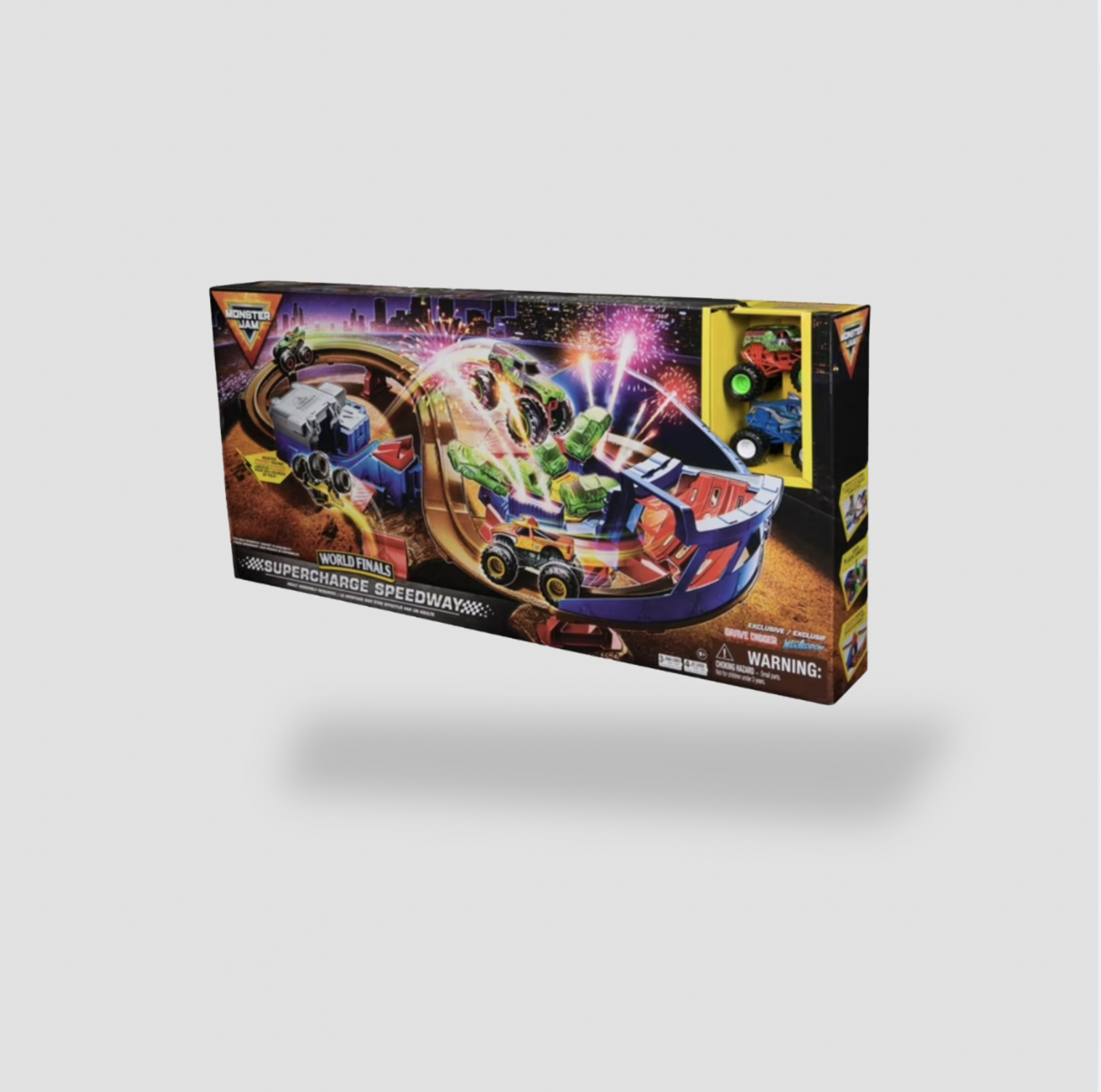 Front of Monster Jam World Finals Supercharge Speedway playset retail box with truck graphics