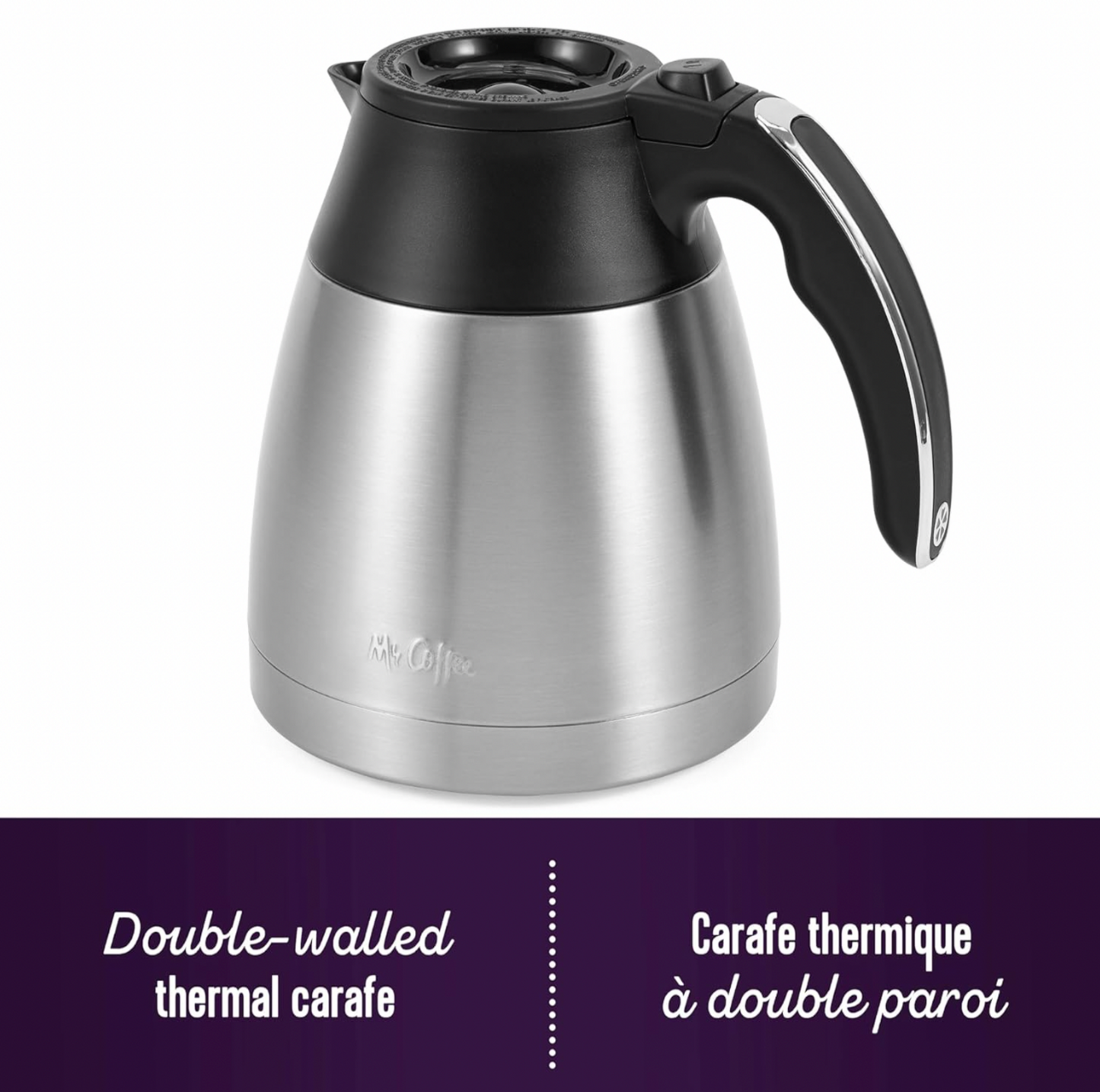 Carafe thermique à double paroi en acier inoxydable détachée de la cafetière Mr. Coffee avec couvercle et poignée noirs, mention Double-walled thermal carafe