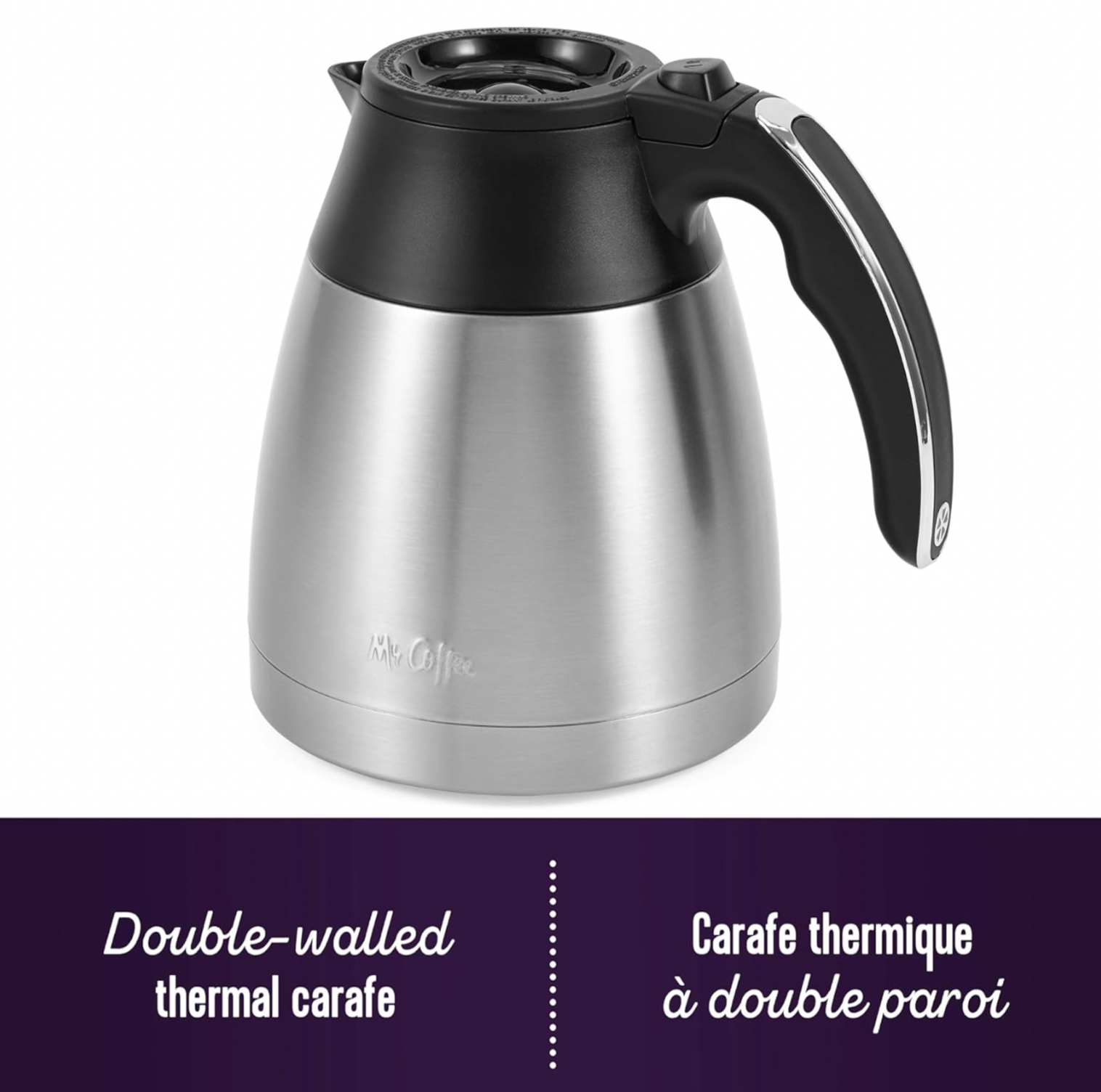 Carafe thermique à double paroi en acier inoxydable détachée de la cafetière Mr. Coffee avec couvercle et poignée noirs, mention Double-walled thermal carafe