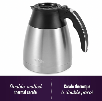 Carafe thermique à double paroi en acier inoxydable détachée de la cafetière Mr. Coffee avec couvercle et poignée noirs, mention Double-walled thermal carafe