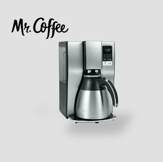 Mr. Coffee programmable 10-cup coffee maker with stainless steel thermal carafe and digital display showing 7:30, three-quarter view