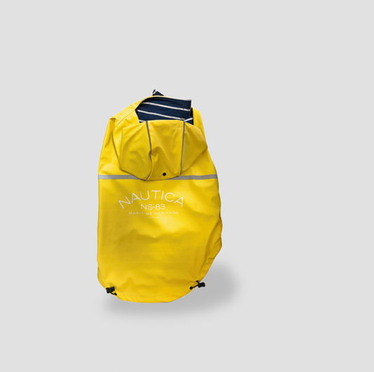 Yellow Nautica dog rain jacket with hood and reflective stripe, front view