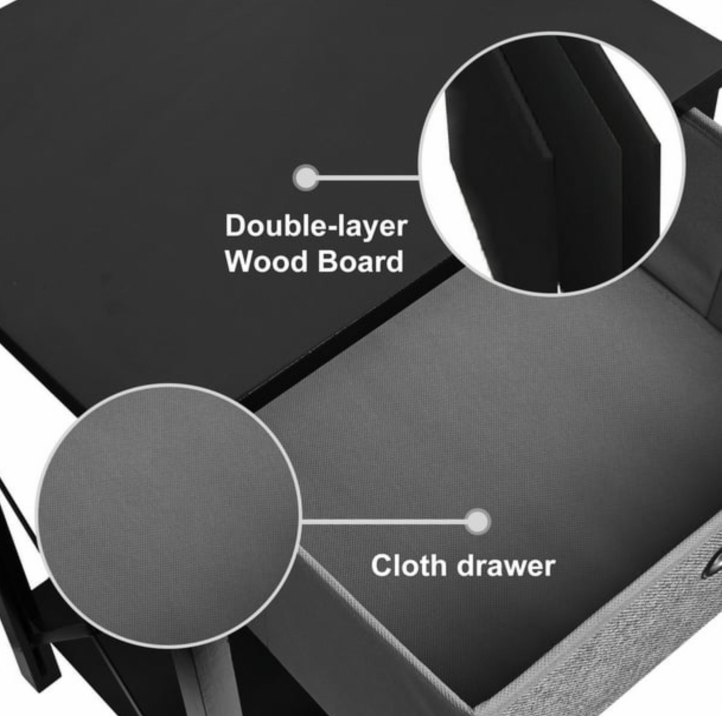 Gros plan du dessus noir et du tiroir en tissu gris de la table de chevet avec mentions Double-layer Wood Board et Cloth Drawer