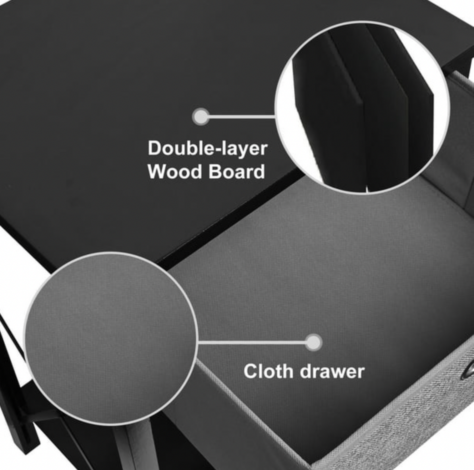 Gros plan du dessus noir et du tiroir en tissu gris de la table de chevet avec mentions Double-layer Wood Board et Cloth Drawer